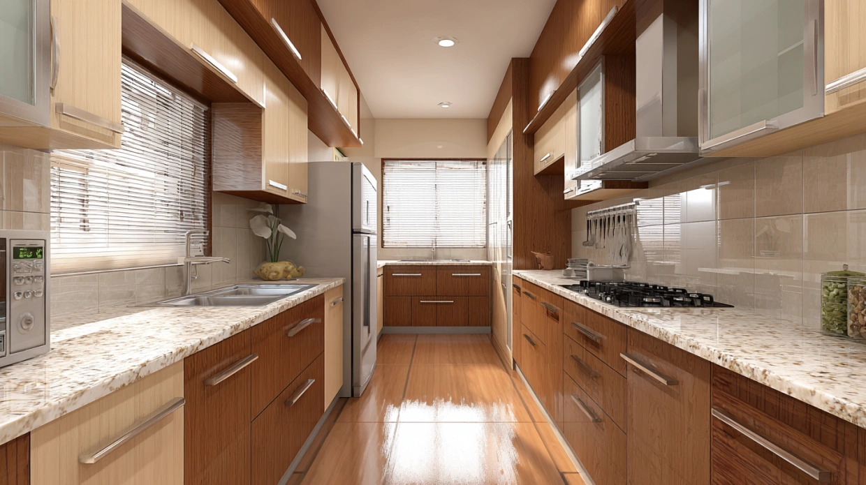 Parallel kitchen with dual counters and central walkway