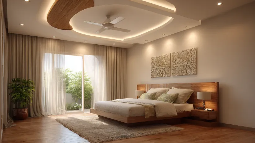 Bright and airy small bedroom with a large window, a wooden bed, and a custom curved wooden POP ceiling design with a fan.