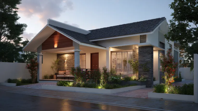 Modern stone-clad 20 lakh house design at twilight