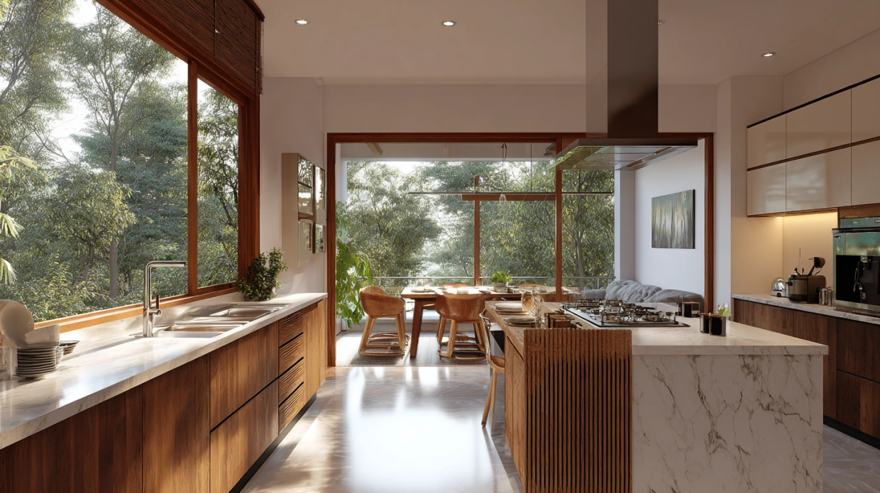 Open kitchen with large window and light