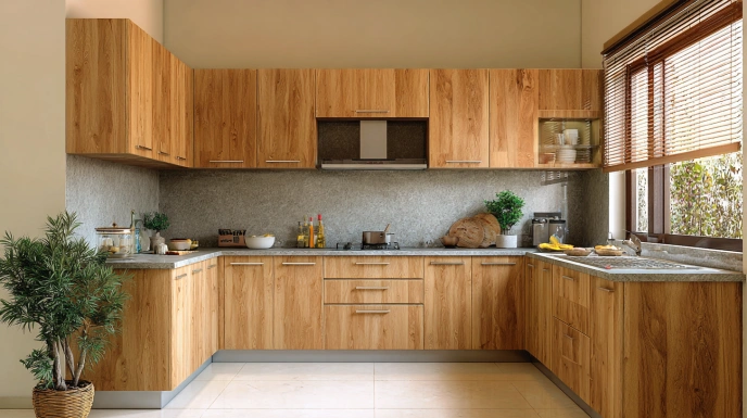 Kitchen with warm wood-finish laminate cabinets