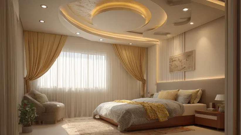 Elegant small bedroom with beige and gold accents, featuring a striking curved POP ceiling design with a gold-textured finish.