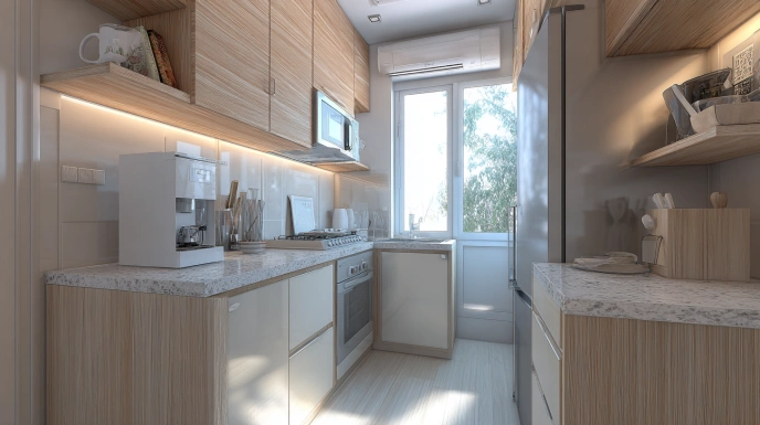 Small kitchen with vertical storage and compact layout