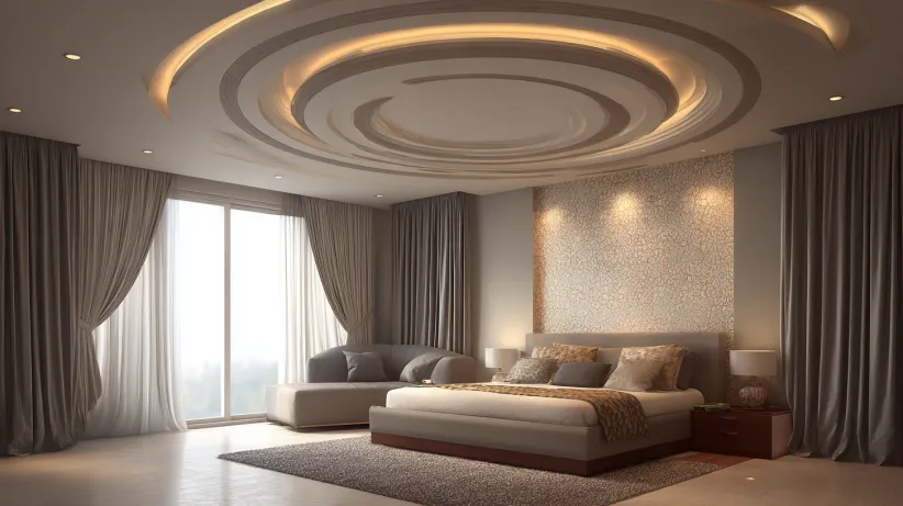 Modern small bedroom with a large window, a neutral color palette, and a bold circular, multi-ring POP ceiling design.