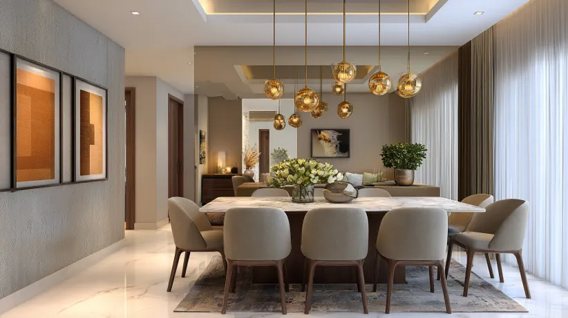 White marble table with beige chairs under gold pendant lights.