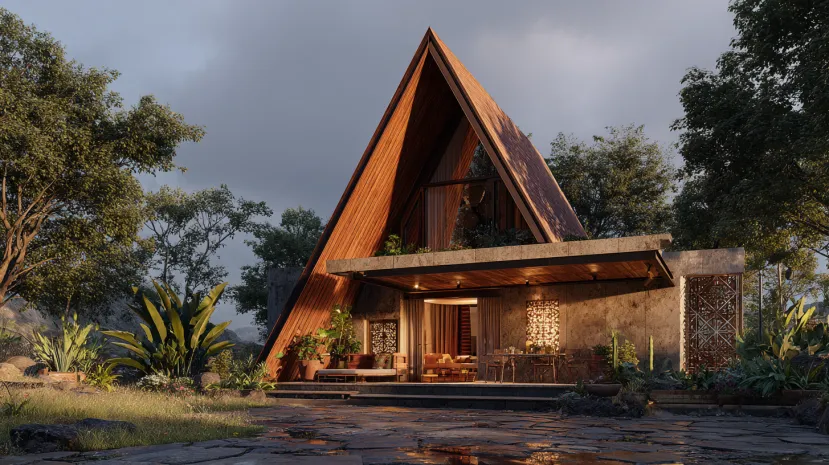 Minimalist wood A-frame house design in a lush forest setting