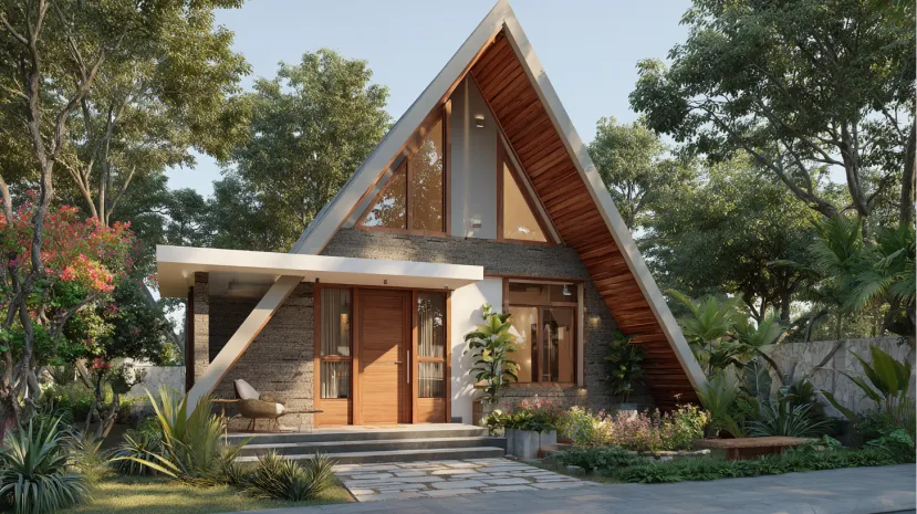 Small A-frame house elevation with steep wood-lined roof