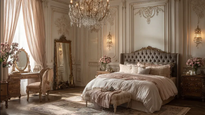 vintage bedroom ideas with Parisian look and dramatic visuals