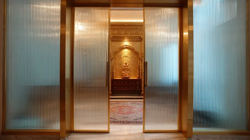 Reeded glass doors with gold frames for a luxury puja room