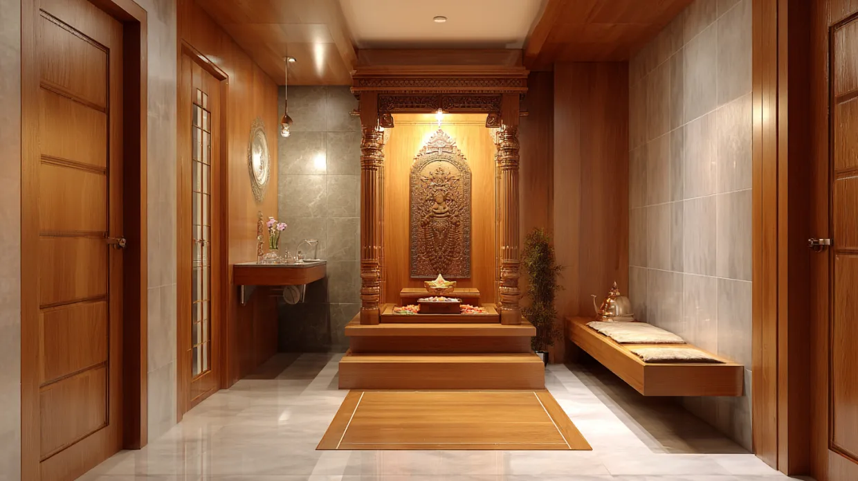 traditional separate prayer room with wooden interiors and marble mandir