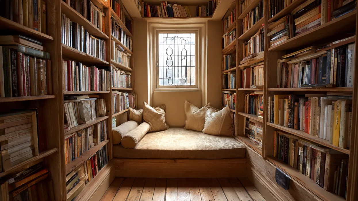 cosy book nook with shelves in compact home library design