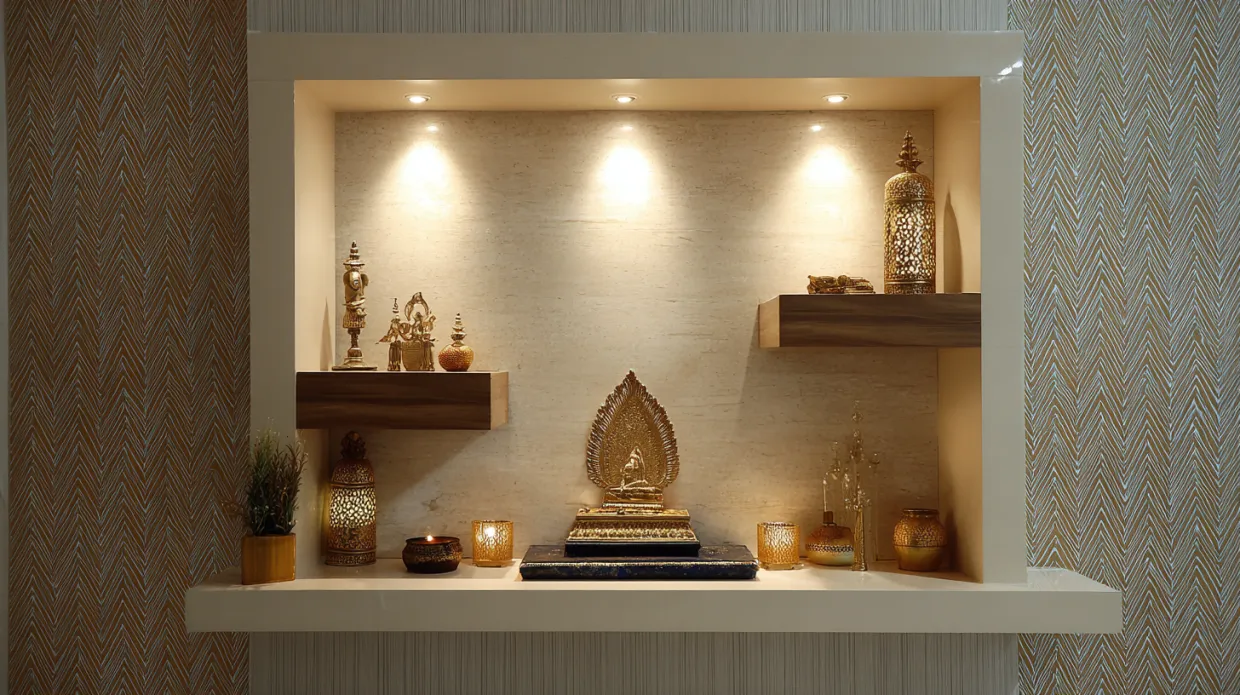 pooja room design with single wall-mounted shelf and focus lights