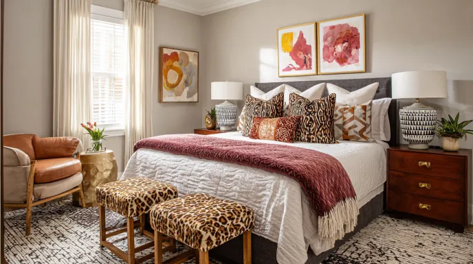 a touch of maximalism master bedroom design with vibrant decor