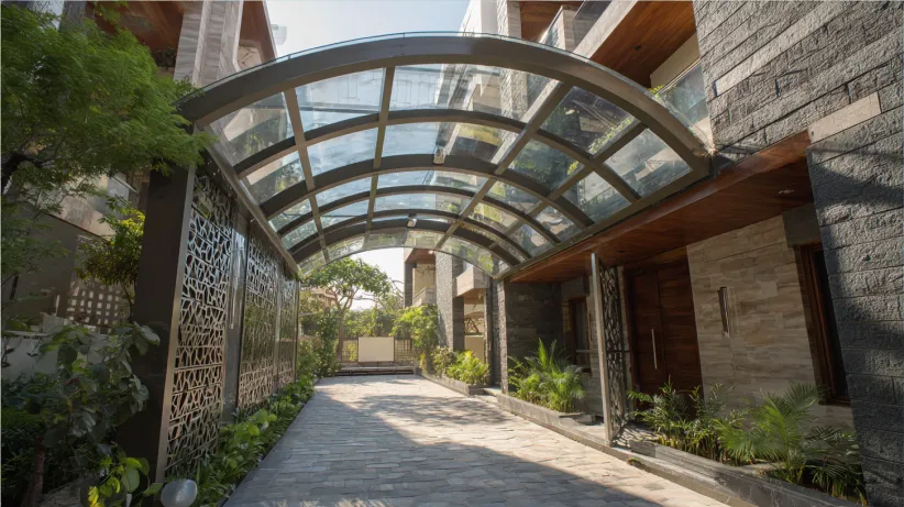 Large glass and metal curved archway over a modern paved walkway