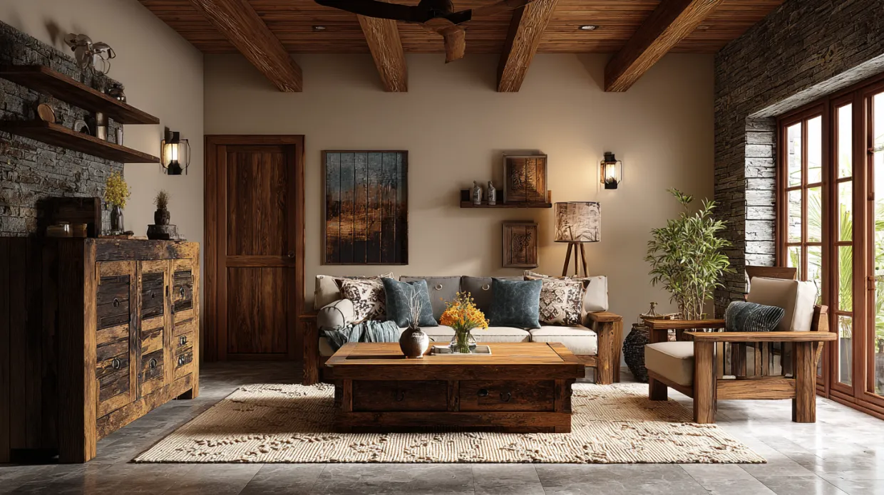 rustic living room with wooden beams, stone walls, and cozy seating