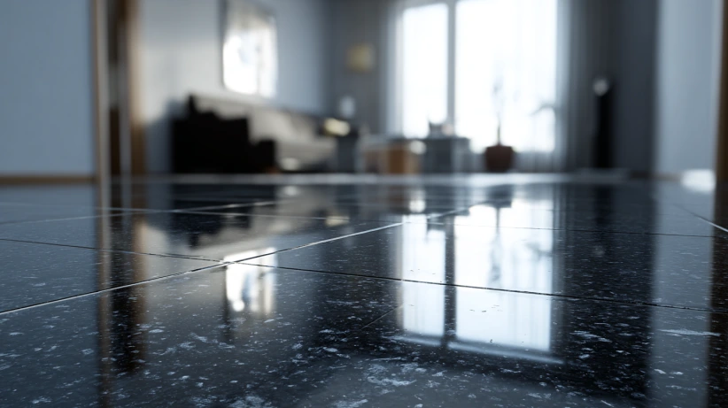 absolute black finish used in sleek living room granite flooring