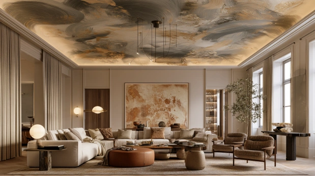 Artistic abstract ceiling wallpaper for creative spaces.