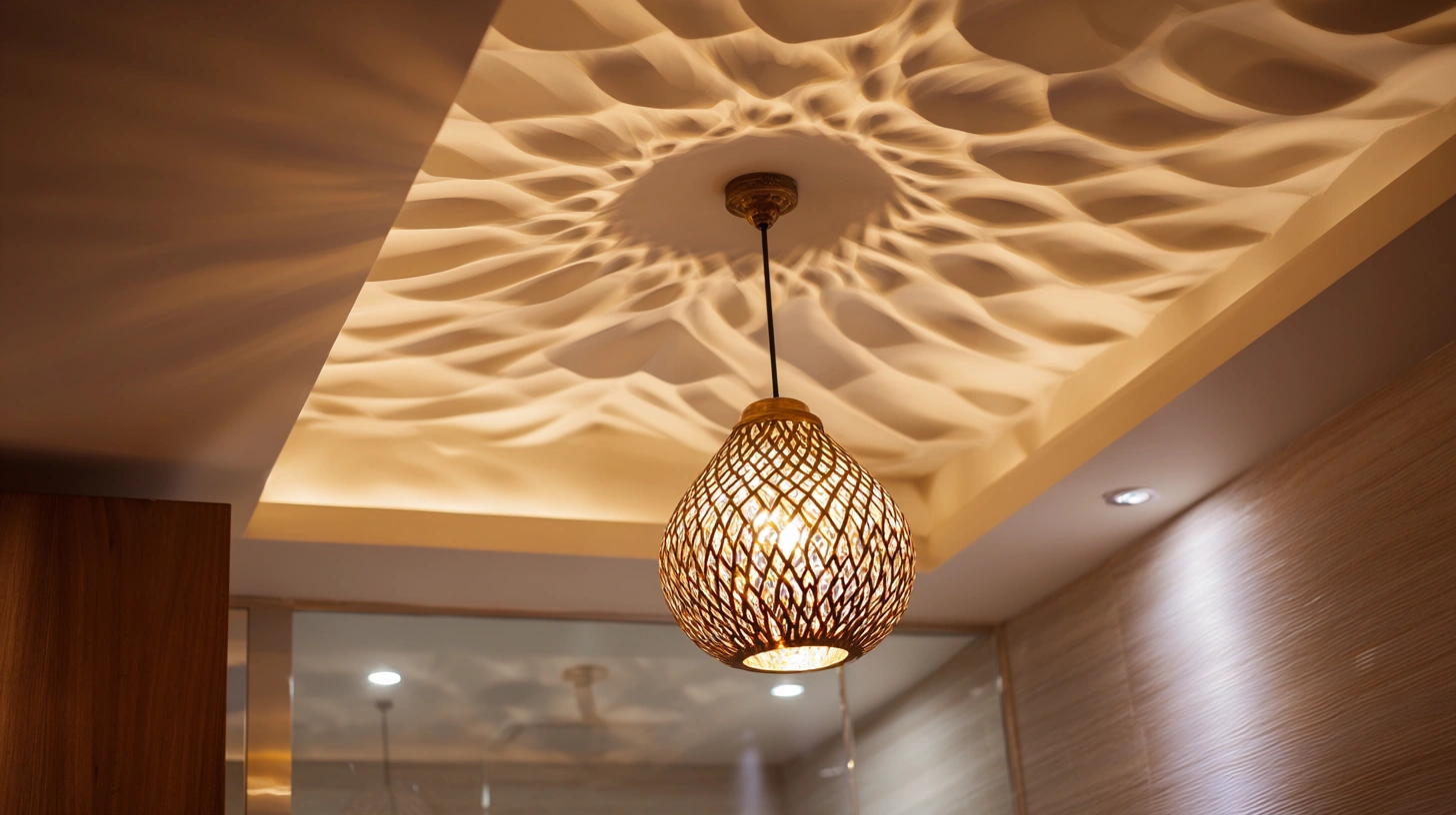 Modern bathroom with abstract pendant light and POP ceiling