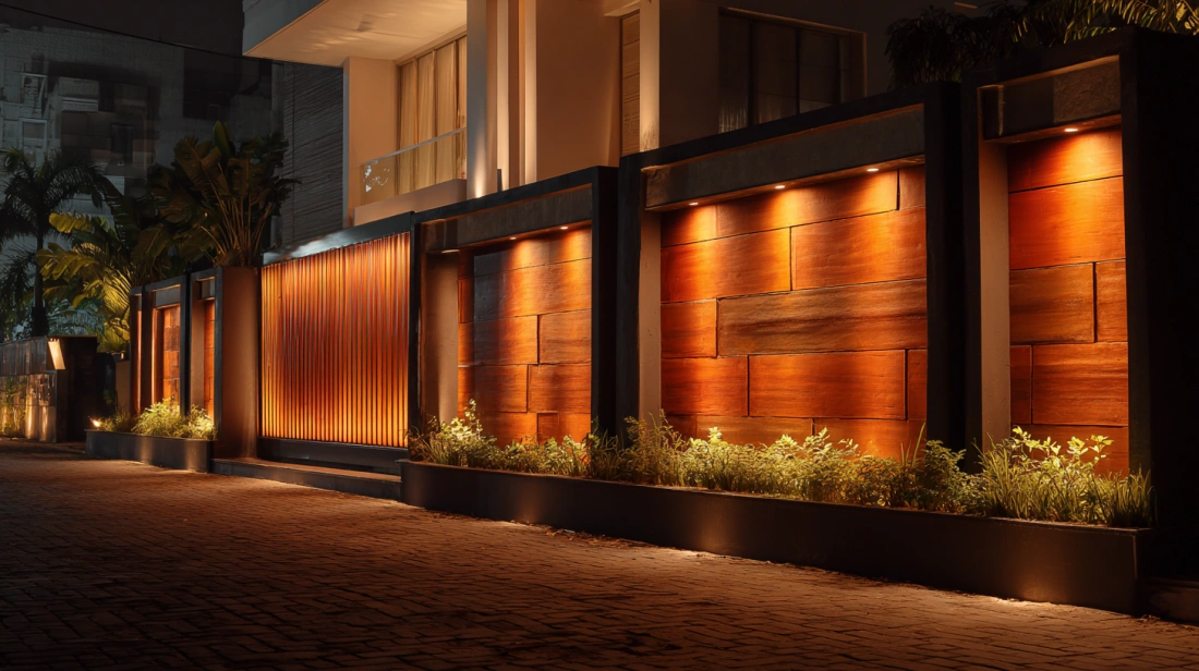 Modern compound wall with warm vertical accent lighting