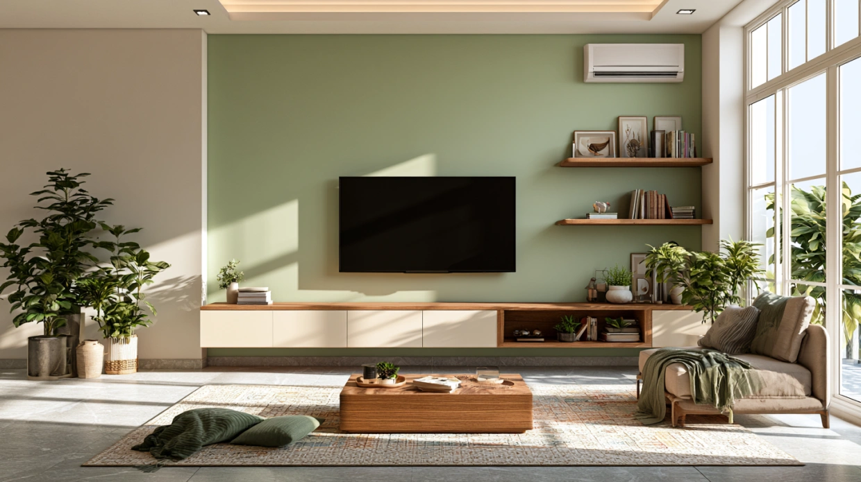 Accent wall TV unit in a modern Indian living room