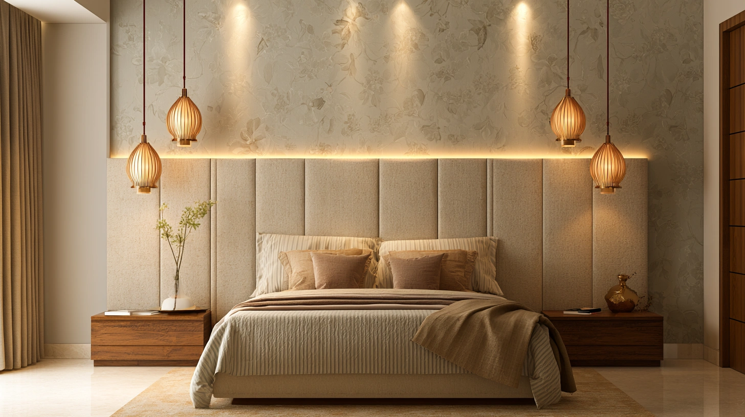 Guest bedroom featuring a stylish textured accent wall.
