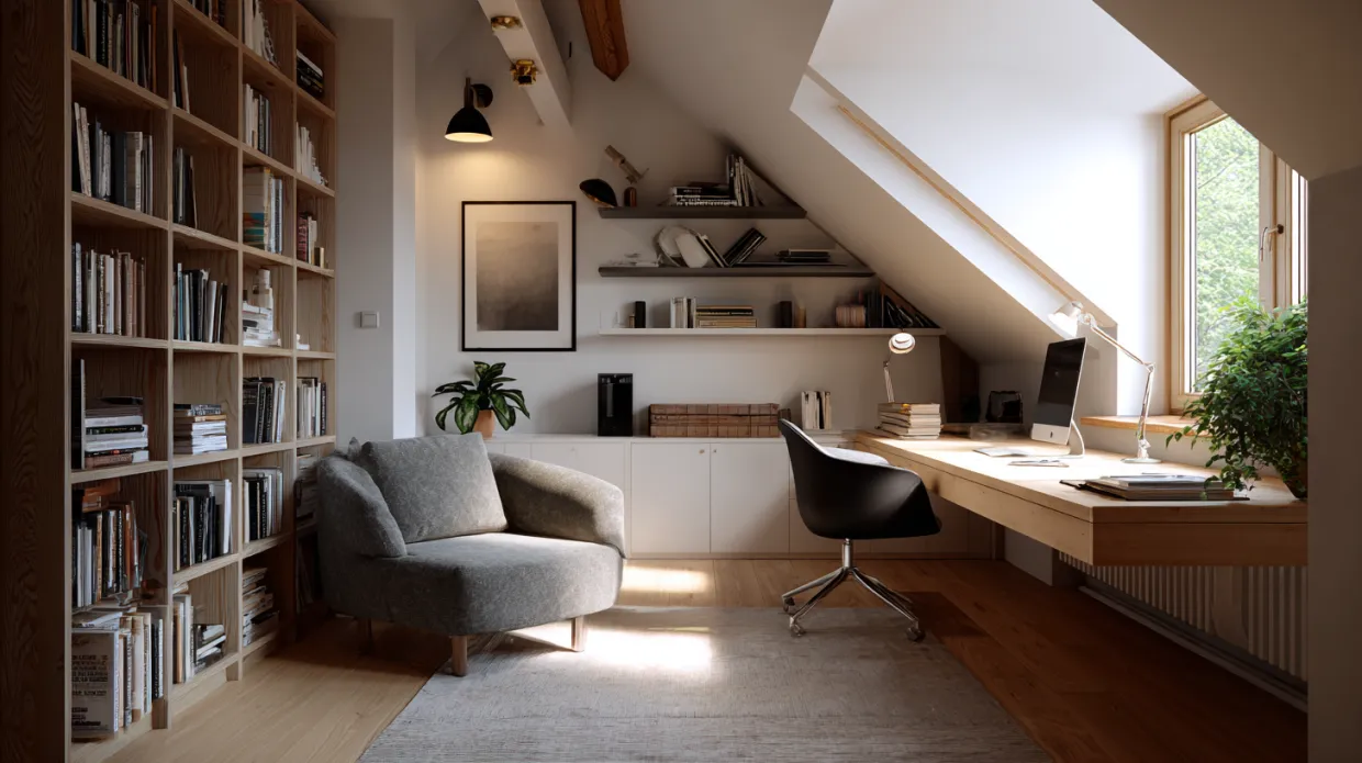 attic office with accent wall and compact desk setup