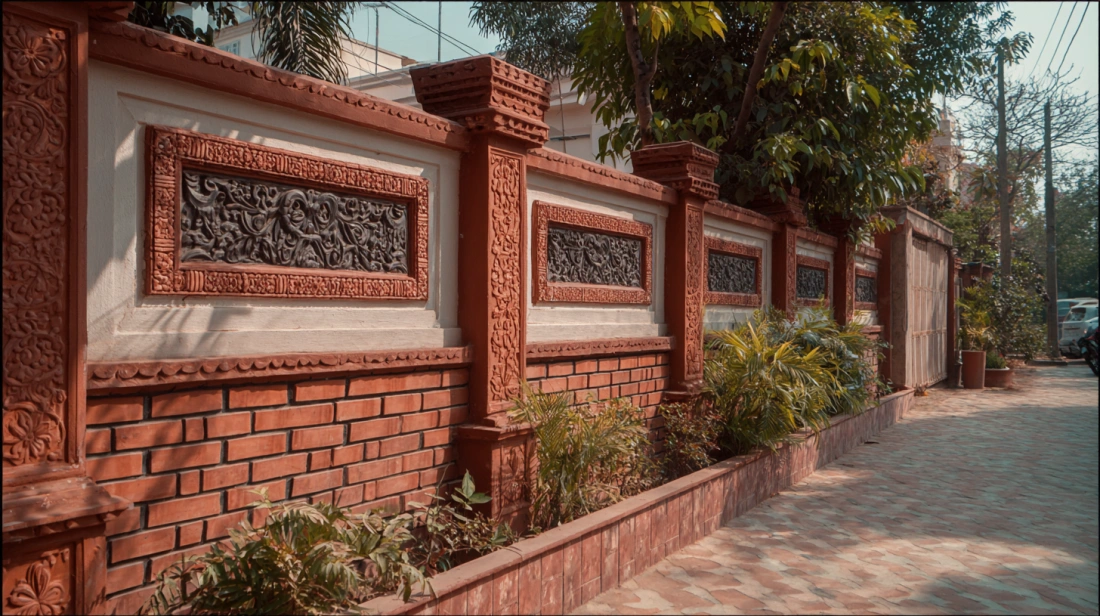 Decorative metal CNC laser-cut panel on compound wall