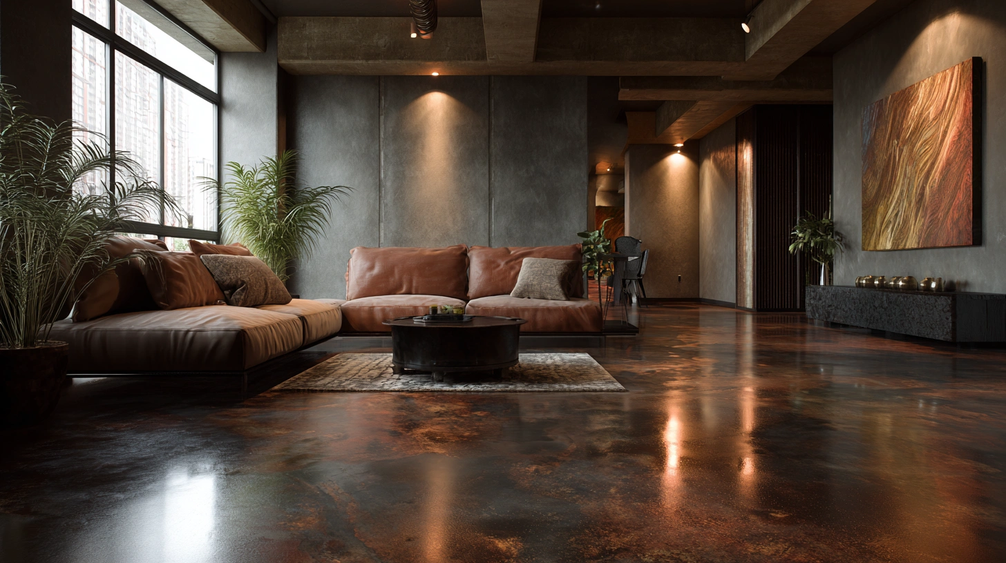 Textured acid-stained concrete floor with warm sunlight