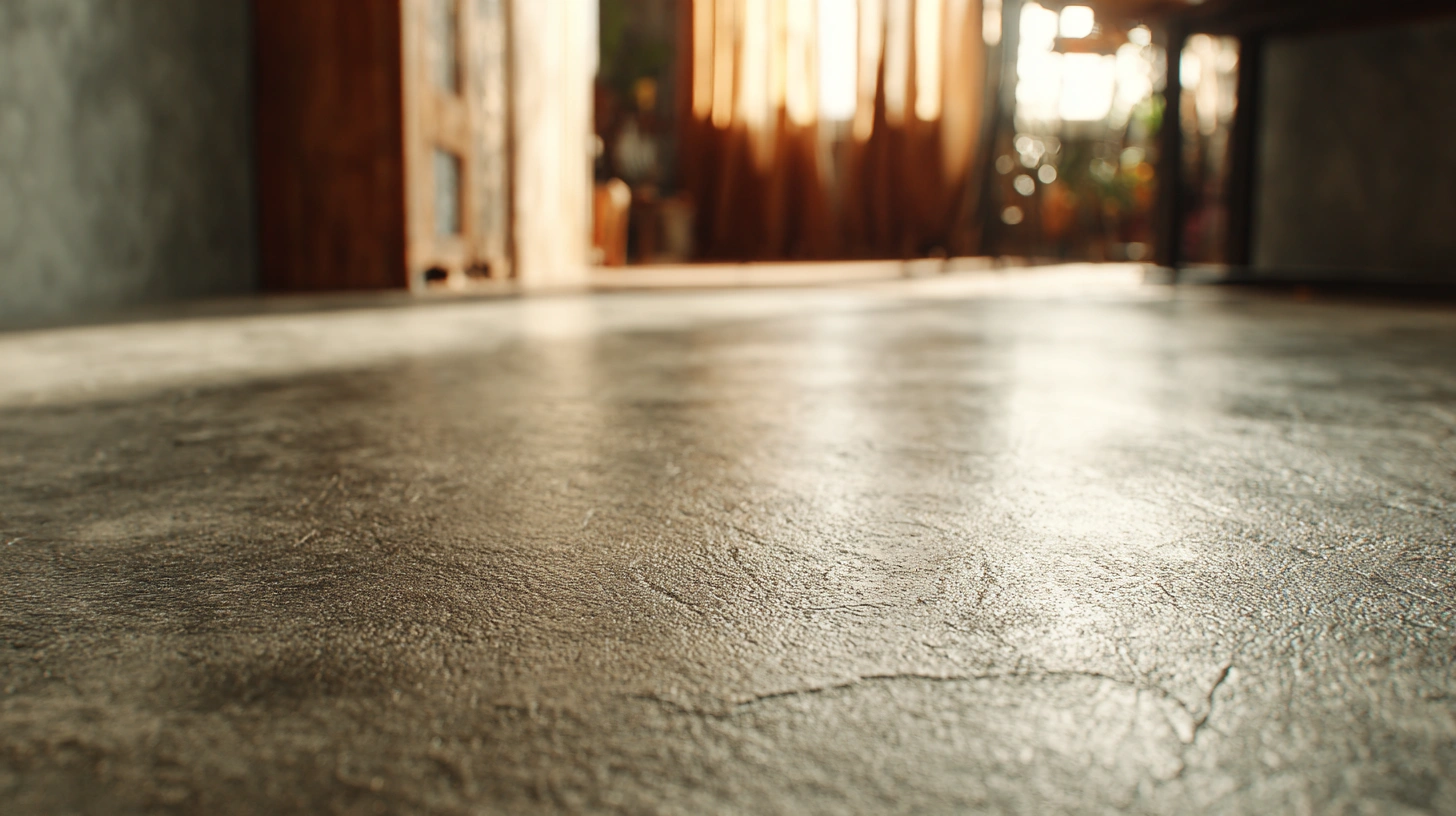 Close-up of textured, acid-stained concrete floor with sunlight