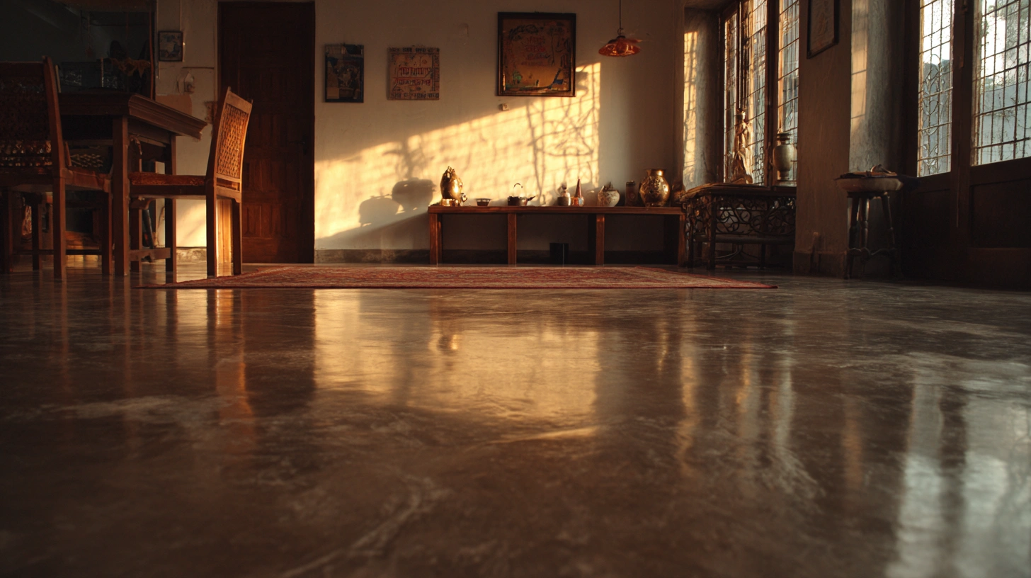 Glossy acid-washed concrete reflecting warm interior lighting