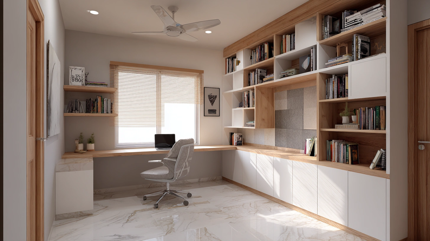 Specialized acoustic gypsum wall flanking study table area