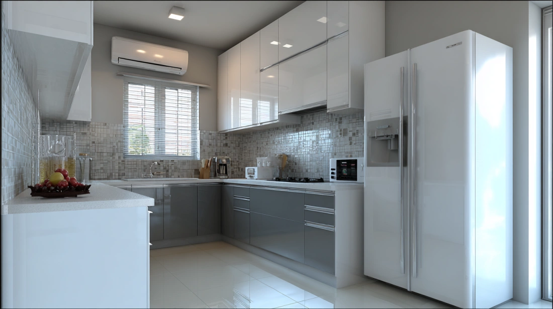Glossy acrylic shutters in small bright Indian modular kitchen