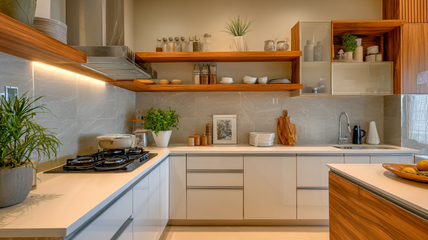 Modern acrylic kitchen cabinet with open shelving unit