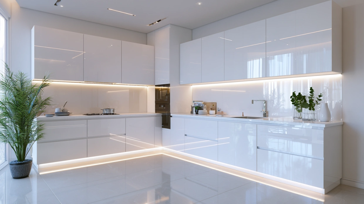 High-gloss acrylic modular kitchen with reflective cabinets