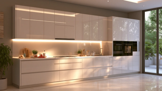 Modern high-gloss acrylic kitchen cabinets with under-cabinet LED lighting.