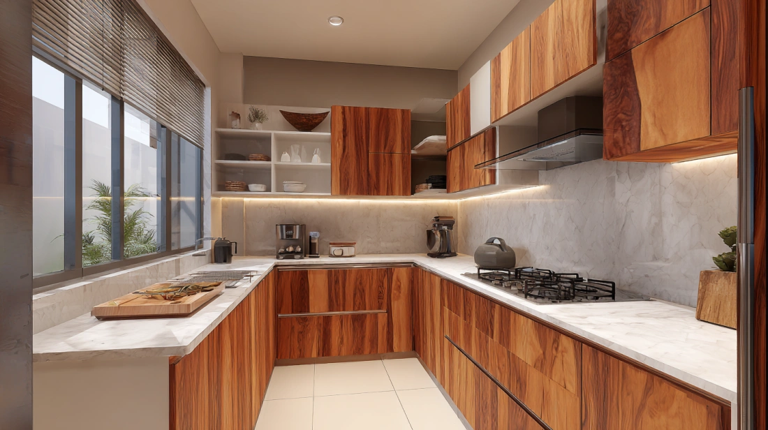 Wood and acrylic mix shutters in Indian modular kitchen