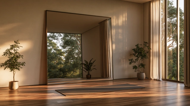 Yoga room with full-length mirror