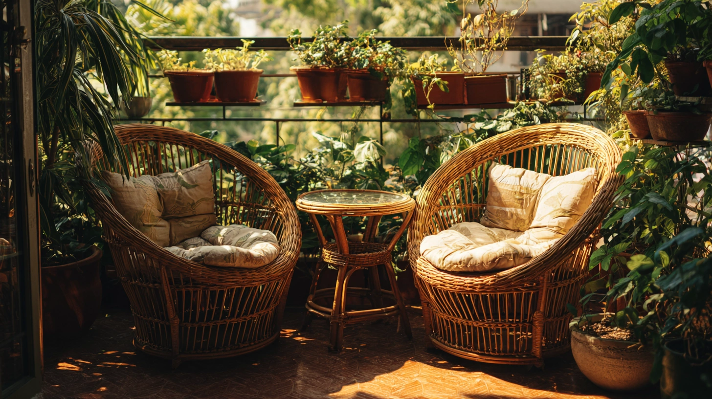Cozy balcony featuring rustic wicker chairs and soft cushions