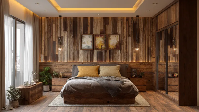 Artistic wooden PVC wall panel design for bedroom