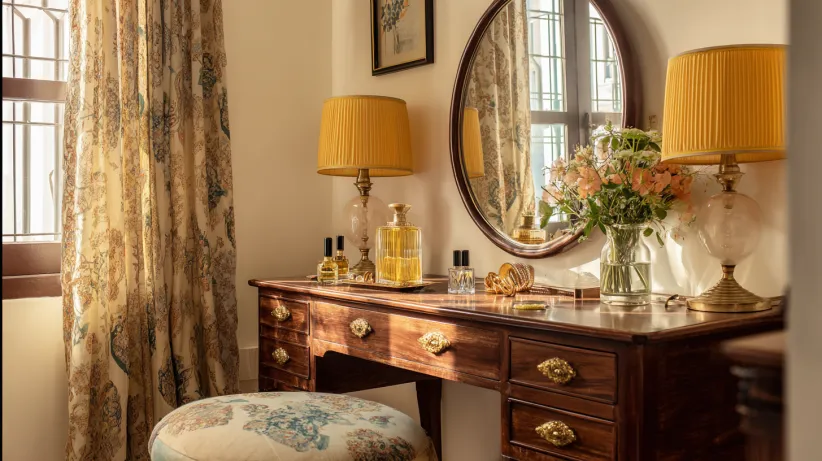 vintage bedroom ideas with vanity and decorative lamps