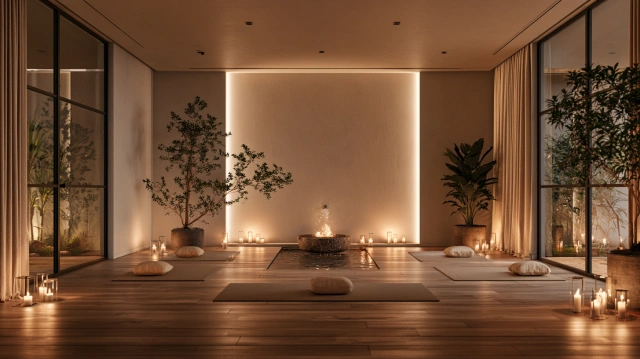 Yoga room with water fountain