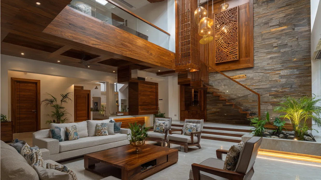 double height living room with rich wooden paneling and warm-toned furniture