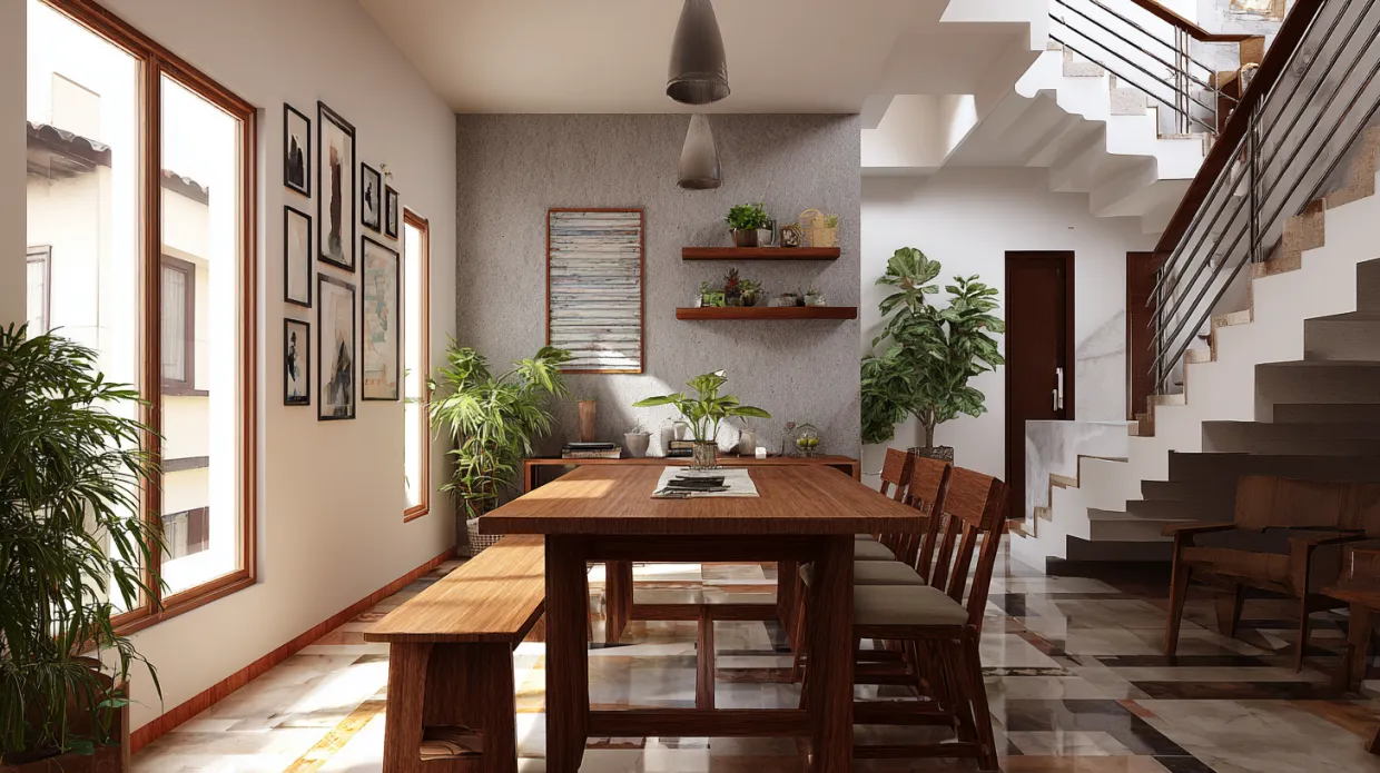 dining room design with greenery and fresh indoor plants