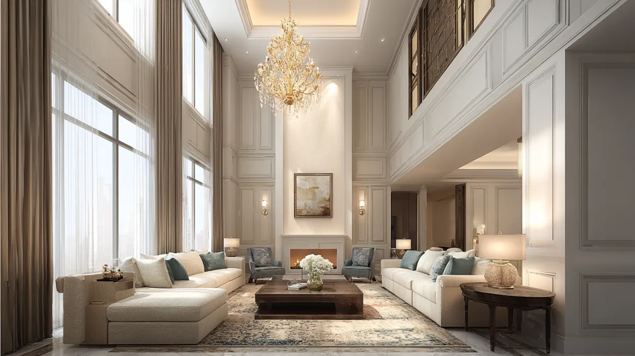 double height living room with a grand chandelier as the centerpiece