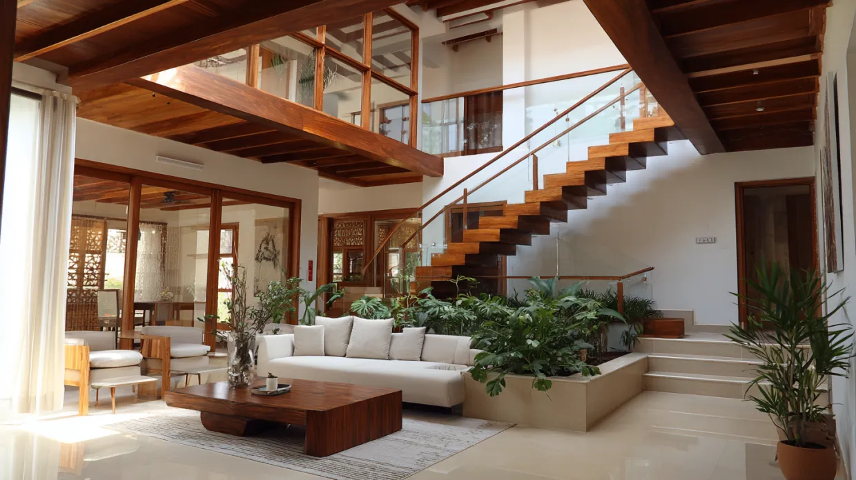 double height living room with a modern staircase as a design feature