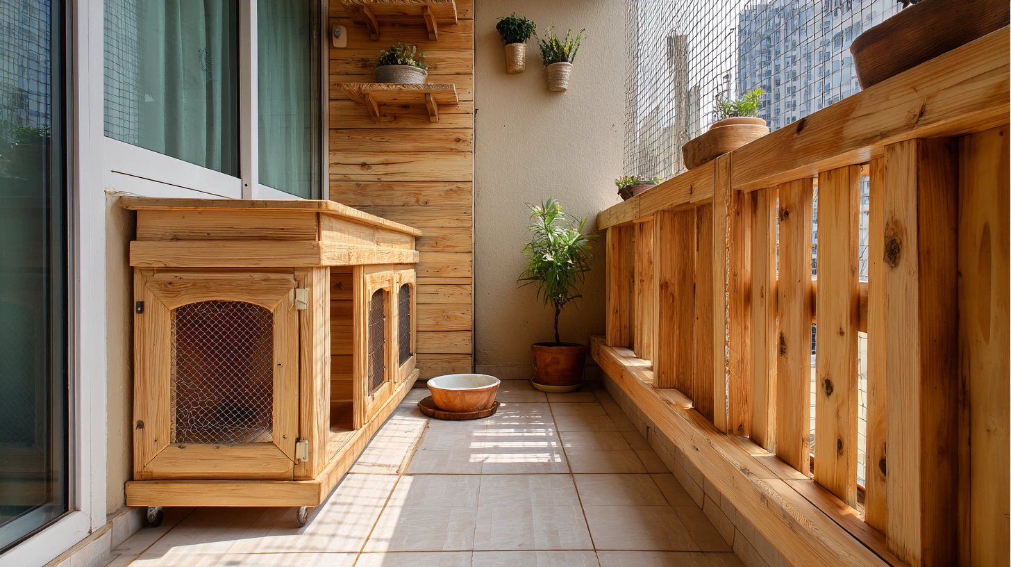 Wooden dog kennel with mesh door in utility balcony