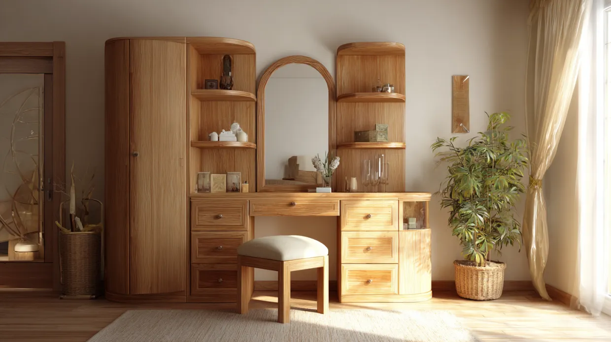 alcove style wooden dressing table with storage shelves, ideal for compact and modern bedroom interiors