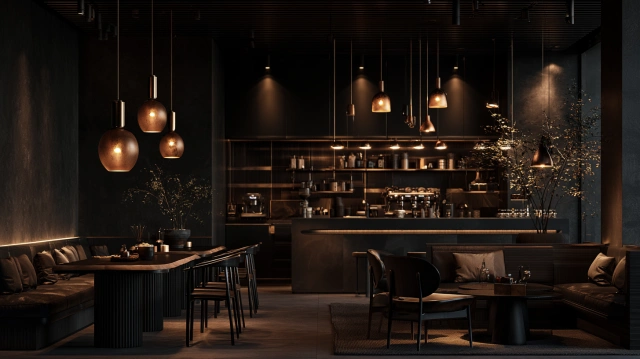 All-black modern cafe interior