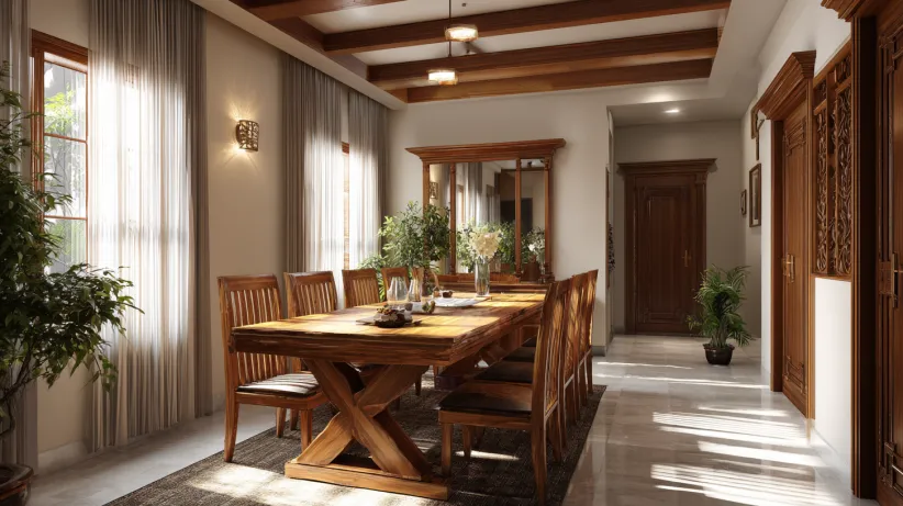 Long wooden 8-seater table with X-frame legs in a sunlit room.