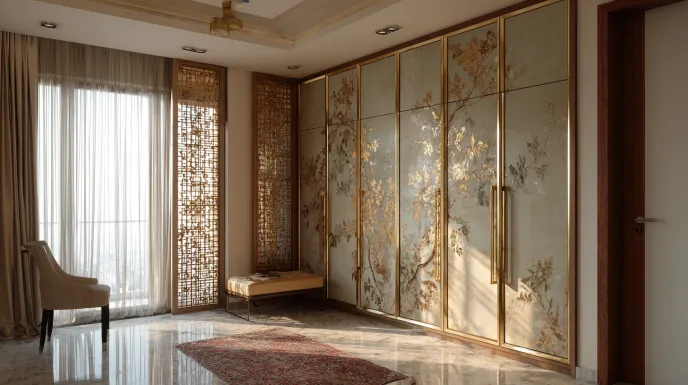 Floral glass wardrobe design with gold frame panels luxe finish